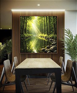 Quadro Quadrado Paisagem Floresta Rio Cristalino Luz Solar Reflexo Verde Natureza Canvas Moldura