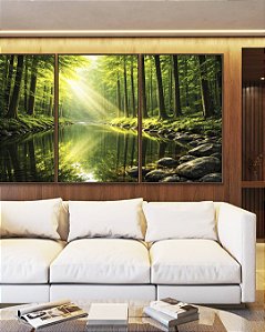 Trio de Quadros Paisagem Floresta Rio Cristalino Luz Solar Reflexo Verde Natureza Canvas Moldura