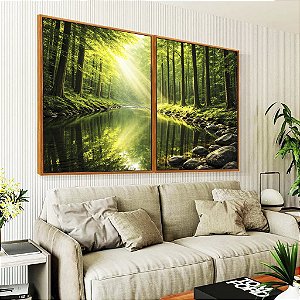 Duo de Quadros Paisagem Floresta Rio Cristalino Luz Solar Reflexo Verde Natureza Canvas Moldura