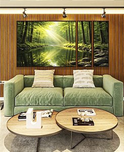 Trio de Quadros Estilizados Paisagem Floresta Rio Cristalino Luz Solar Reflexo Verde Natureza Canvas Moldura