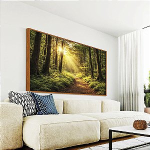 Quadro Horizontal Caminho Floresta Luz Dourada Sol Árvores Paisagem Relaxante Canvas Moldura
