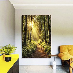 Quadro Vertical Caminho Floresta Luz Dourada Sol Árvores Paisagem Relaxante Canvas Moldura