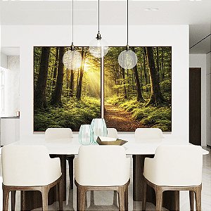 Duo de Quadros Caminho Floresta Luz Dourada Sol Árvores Paisagem Relaxante Canvas Moldura