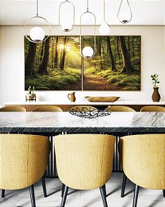 Duo de Quadros Quadrados Caminho Floresta Luz Dourada Sol Árvores Paisagem Relaxante Canvas Moldura