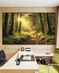 Trio de Quadros Estilizados Caminho Floresta Luz Dourada Sol Árvores Paisagem Relaxante Canvas Moldura