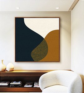 Quadro Quadrado Abstrato Minimalista Azul Amarelo Dourado Canvas Moldura