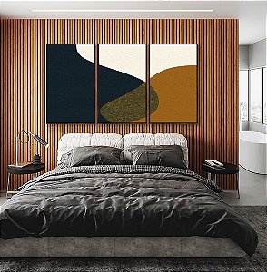 Trio de Quadros Abstrato Minimalista Azul Amarelo Dourado Canvas Moldura