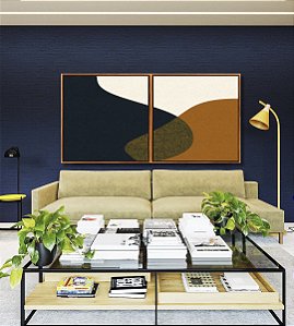 Duo de Quadros Quadrados Abstrato Minimalista Azul Amarelo Dourado Canvas Moldura