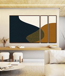 Trio de Quadros Estilizados Abstrato Minimalista Azul Amarelo Dourado Canvas Moldura