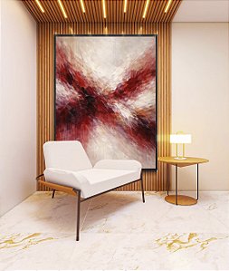 Quadro Vertical Abstrato Bege Marrom Vermelho Carmim Ondas Pouring Canvas Moldura