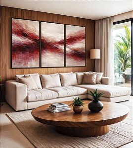 Trio de Quadros Abstrato Bege Marrom Vermelho Carmim Ondas Pouring Canvas Moldura
