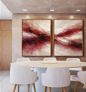 Duo de Quadros Abstrato Bege Marrom Vermelho Carmim Ondas Pouring Canvas Moldura