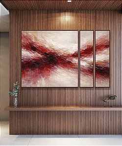 Trio de Quadros Estilizados Abstrato Bege Marrom Vermelho Carmim Ondas Pouring Canvas Moldura
