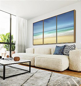 Trio de Quadros Praia Mar Azul Turquesa Areia Clara Paisagem Natureza Canvas Moldura