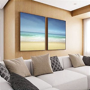 Duo de Quadros Praia Mar Azul Turquesa Areia Clara Paisagem Natureza Canvas Moldura