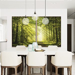 Duo de Quadros Caminho Iluminado Floresta Árvores Raios de Luz Sol Natureza Verde Canvas Moldura
