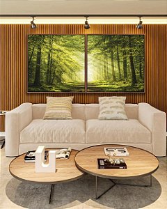 Duo de Quadros Quadrados Caminho Iluminado Floresta Árvores Raios de Luz Sol Natureza Verde Canvas Moldura
