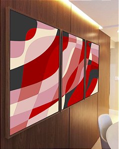 Trio de Quadros Abstrato Mosaico Rosa Vermelho Carmim Canvas Moldura
