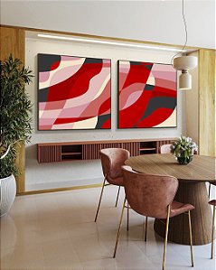 Duo de Quadros Quadrados Abstrato Mosaico Rosa Vermelho Carmim Canvas Moldura