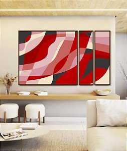 Trio de Quadros Estilizados Abstrato Mosaico Rosa Vermelho Carmim Canvas Moldura
