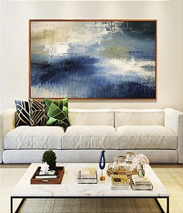 Quadro Horizontal Abstrato Azul Verde Pistache Cinza Concreto Textura Canvas Moldura