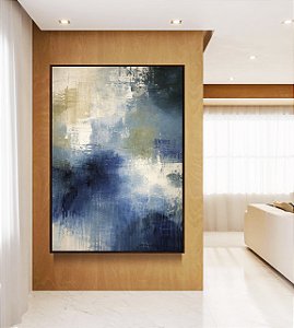 Quadro Vertical Abstrato Azul Verde Pistache Cinza Concreto Textura Canvas Moldura