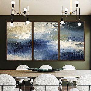Trio de Quadros Abstrato Azul Verde Pistache Cinza Concreto Textura Canvas Moldura