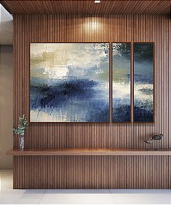 Trio de Quadros Estilizados Abstrato Azul Verde Pistache Cinza Concreto Textura Canvas Moldura