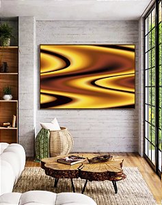 Quadro Horizontal Amarelo Marrom Arte Fluida Pouring Canvas Moldura