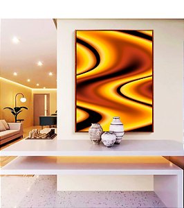 Quadro Vertical Amarelo Marrom Arte Fluida Pouring Canvas Moldura
