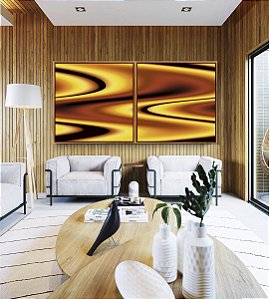 Duo de Quadros Quadrados Amarelo Marrom Arte Fluida Pouring Canvas Moldura