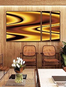 Trio de Quadros Estilizados Amarelo Marrom Arte Fluida Pouring Canvas Moldura