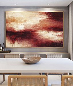 Quadro Horizontal Abstrato Coral Vermelho Borbô Efeito Concreto Canvas Moldura