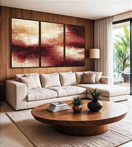 Trio de Quadros Abstrato Coral Vermelho Borbô Efeito Concreto Canvas Moldura