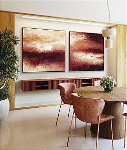 Duo de Quadros Quadrados Abstrato Coral Vermelho Borbô Efeito Concreto Canvas Moldura