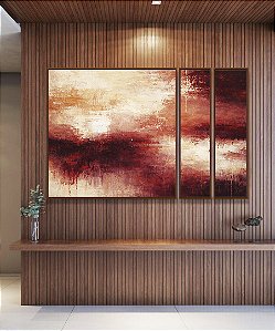 Trio de Quadros Estilizados Abstrato Coral Vermelho Borbô Efeito Concreto Canvas Moldura