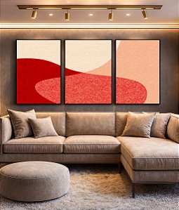 Trio de Quadros Abstrato Minimalista Rosa Salmão Vermelho Borbô Canvas Moldura