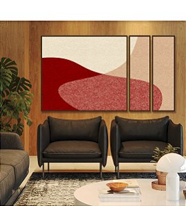 Trio de Quadros Estilizados Abstrato Minimalista Rosa Salmão Vermelho Borbô Canvas Moldura