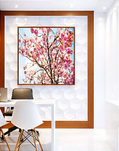 Quadro Quadrado Árvore Ipê Flores Rosa Céu Azul Natureza Paisagem Canvas Moldura
