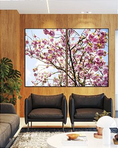 Duo de Quadros Árvore Ipê Flores Rosa Céu Azul Natureza Paisagem Canvas Moldura