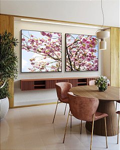 Duo de Quadros Quadrados Árvore Ipê Flores Rosa Céu Azul Natureza Paisagem Canvas Moldura