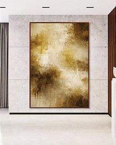 Quadro Vertical Abstrato Bronze Marrom Caramelo Efeito Concreto Canvas Moldura