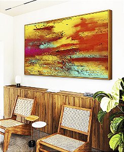 Quadro Horizontal Abstrato Colorido Amarelo Laranja Turquesa Efeito Concreto Canvas Moldura