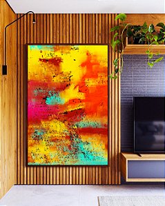 Quadro Vertical Abstrato Colorido Amarelo Laranja Turquesa Efeito Concreto Canvas Moldura