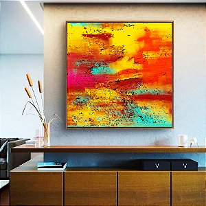 Quadro Quadrado Abstrato Colorido Amarelo Laranja Turquesa Efeito Concreto Canvas Moldura