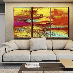 Trio de Quadros Abstrato Colorido Amarelo Laranja Turquesa Efeito Concreto Canvas Moldura