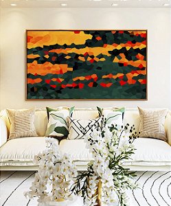 Quadro Horizontal Abstrato Mosaico Laranja Tangerina Verde Floresta Canvas Moldura