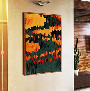 Quadro Vertical Abstrato Mosaico Laranja Tangerina Verde Floresta Canvas Moldura