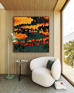 Quadro Quadrado Abstrato Mosaico Laranja Tangerina Verde Floresta Canvas Moldura