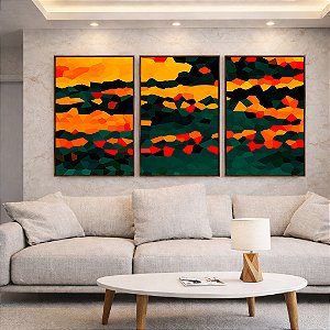 Trio de Quadros Abstrato Mosaico Laranja Tangerina Verde Floresta Canvas Moldura